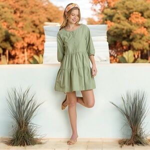 Sage Green Half Button 3/4 Sleeve Tiered Shirt Dress